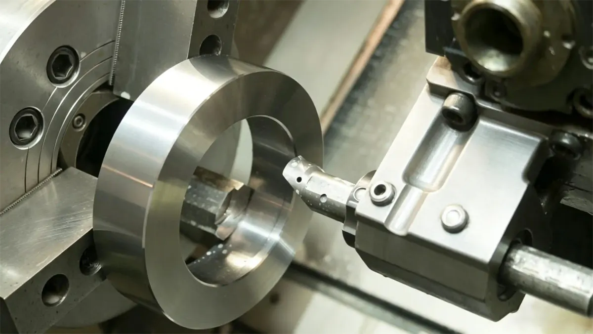 Precision CNC turning setup fabricating cylindrical metal components